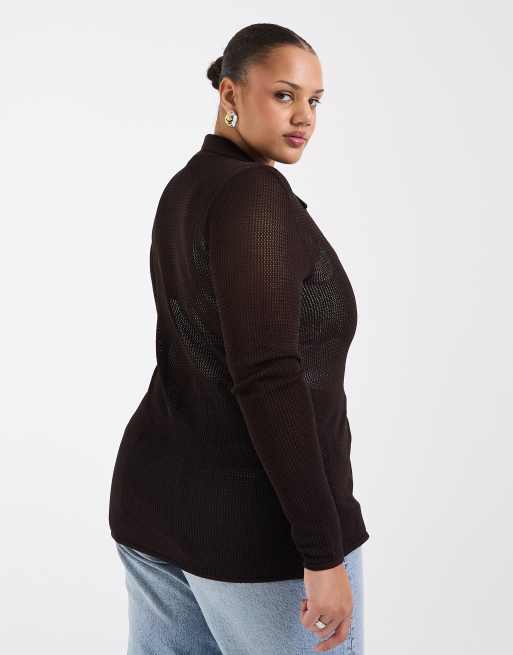 ONLY Curve crochet cardigan in dark brown, 3 of 4