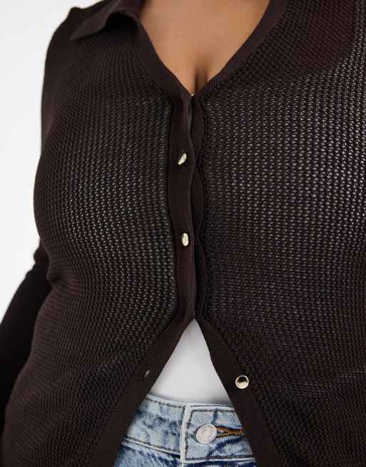 ONLY Curve crochet cardigan in dark brown, 4 of 4