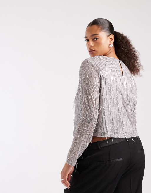 Only Curve - Crop top in paillettes argento, 3 di 4