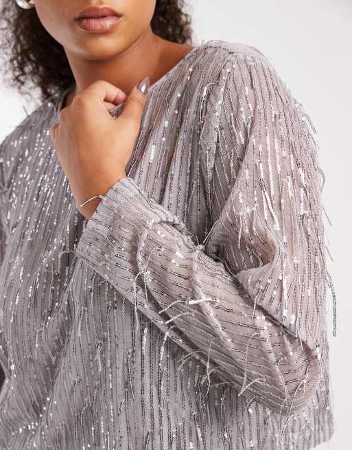 Only Curve - Crop top in paillettes argento, 4 di 4
