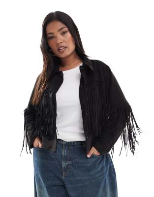 ONLY Curve - Cropped Jacke aus schwarzem Wildlederimitat mit Fransen-Detail
