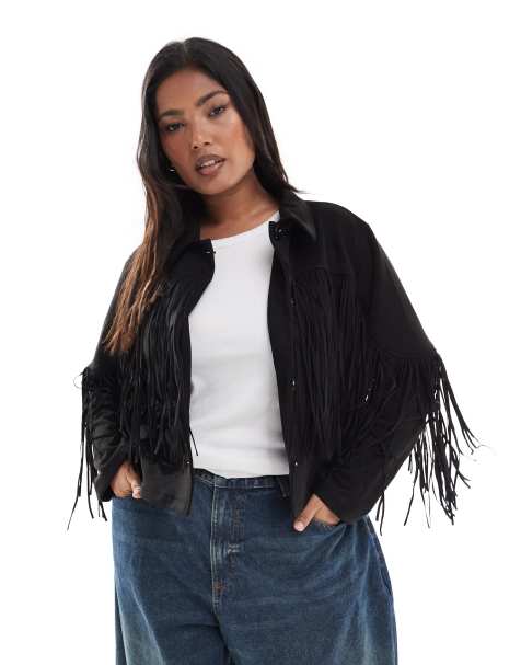 ONLY Curve cropped jacket with fringe detail in black faux suede - view 1