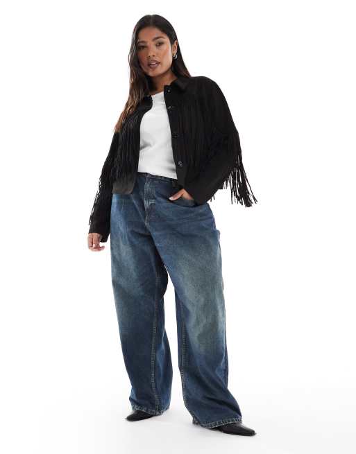 ONLY Curve cropped jacket with fringe detail in black faux suede, 2 of 4