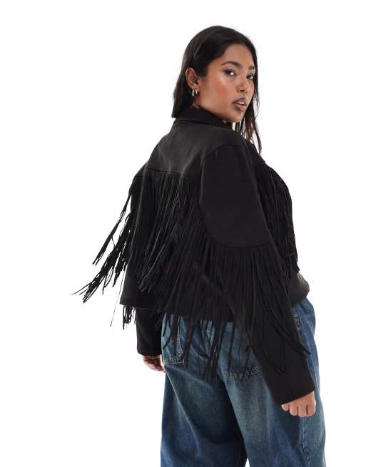 ONLY Curve cropped jacket with fringe detail in black faux suede, 3 of 4