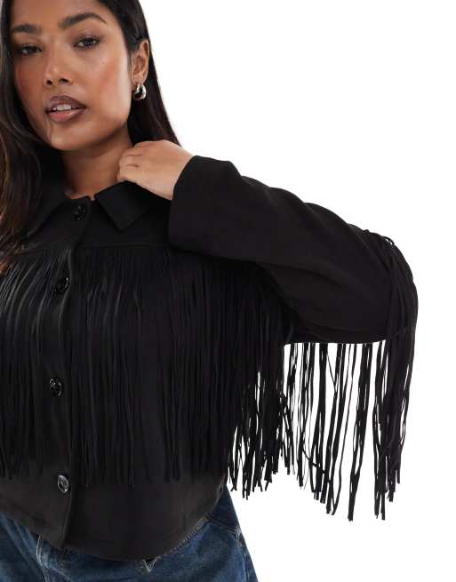 ONLY Curve cropped jacket with fringe detail in black faux suede, 4 of 4