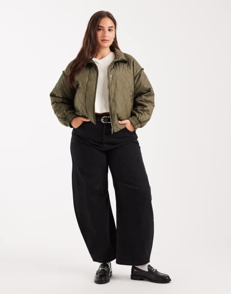 ONLY Curve cropped quilted bomber jacket in khaki - view 1