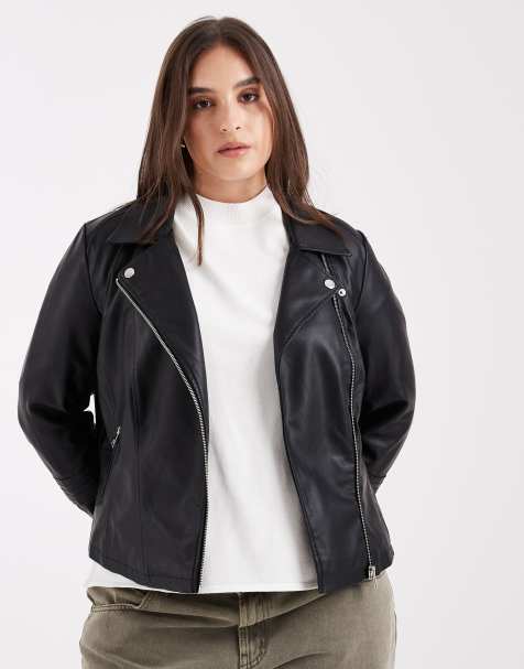 ONLY Curve faux leather biker jacket in black 