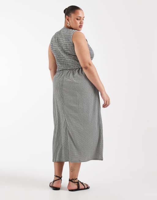ONLY Curve – Czarna luźna sukienka maxi w kratkę vichy, 4 z 4