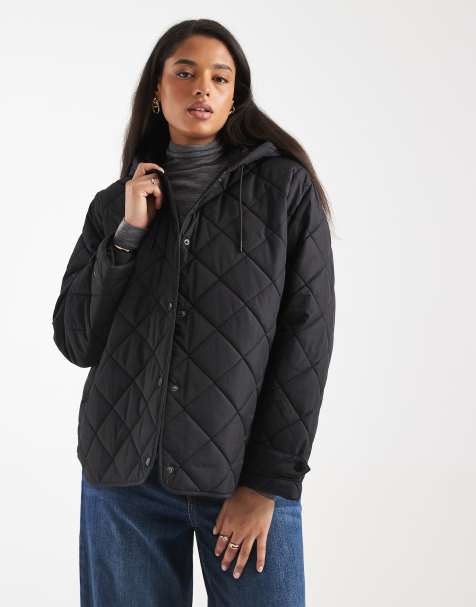 ONLY Curve quilted hooded jacket in black