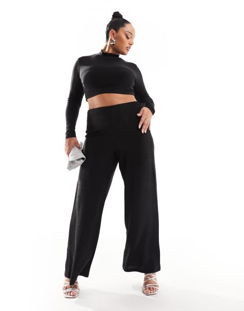 ONLY Curve wide leg trousers in black glitter 