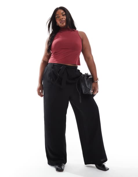 ONLY Curve tie waist palazzo trousers in black