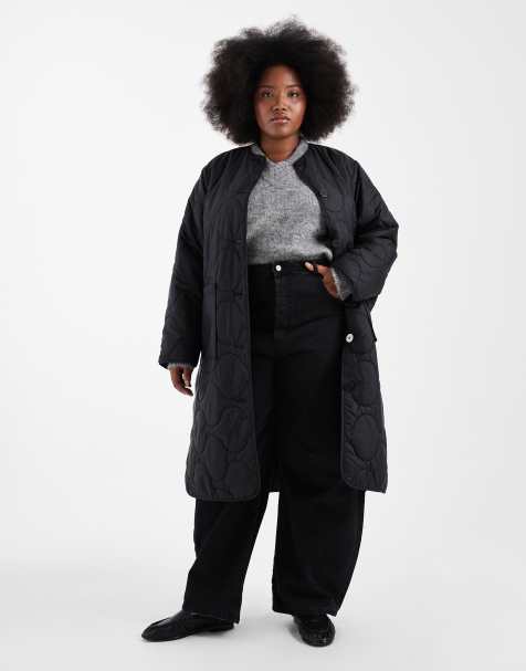 ONLY Curve quilted long coat in black