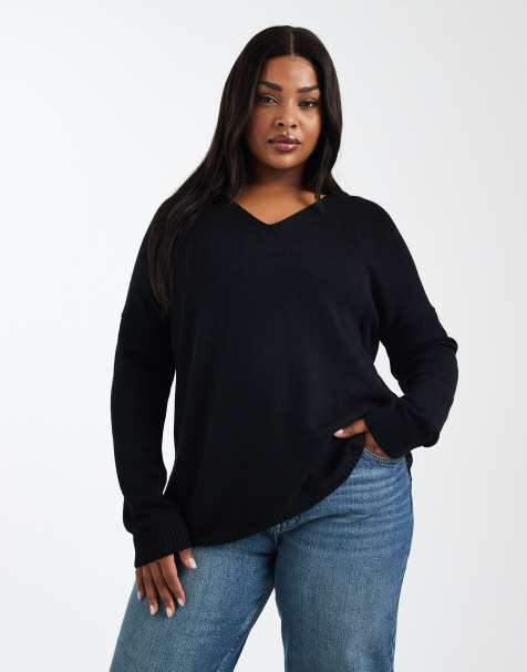 ONLY Curve v neck jumper in black 