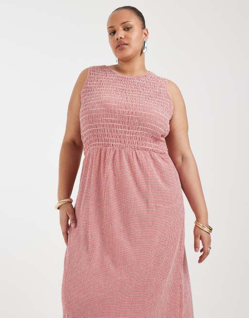 ONLY Curve – Czerwona luźna sukienka maxi w kratkę vichy, 3 z 4