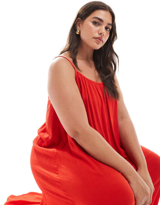 ONLY Curve – Czerwona zwiewna sukienka maxi na ramiączkach, 2 z 4