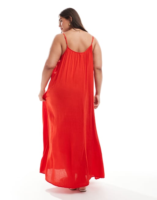 ONLY Curve – Czerwona zwiewna sukienka maxi na ramiączkach, 3 z 4