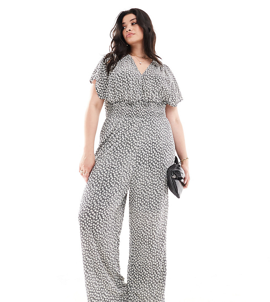 Only Curve Daisy Print Jumpsuit In Black In Gray