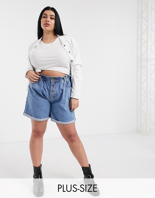 Only Curve denim shorts with gathered waist in blue