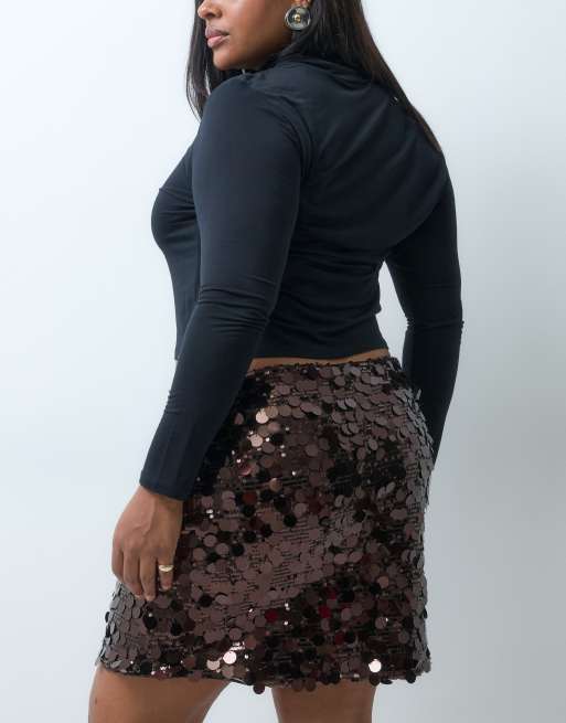 ONLY Curve disc sequin mini skirt in chocolate, 4 of 5