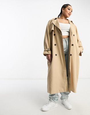 Only Curve Double Breasted Trench Coat In Camel-neutral
