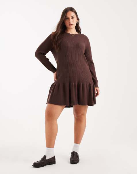 ONLY Curve dropped waist knitted mini dress in chocolate brown - view 1