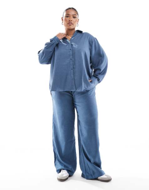 ONLY Curve elasticated chambray trousers co-ord in navy - view 1