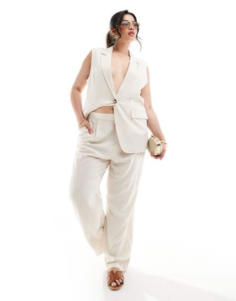 ONLY Curve - Elegante broek met rechte pijpen van linnenmix in crème, deel van co-ord set - view 1