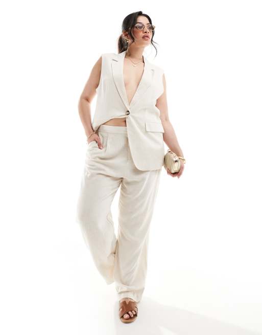 ONLY Curve - Elegante broek met rechte pijpen van linnenmix in crème, deel van co-ord set  