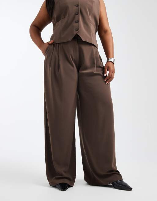 ONLY Curve - Elegante broek met wijde pijpen in chocoladebruin, deel van co-ord set, 2 van 5