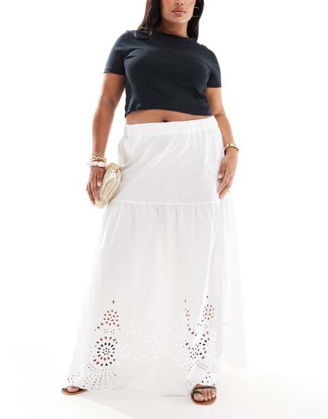 ONLY Curve embroidered tiered maxi skirt in white - view 1