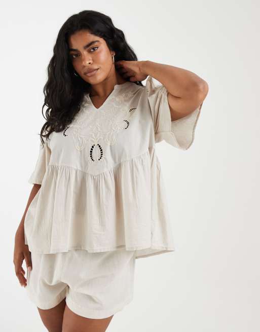 ONLY Curve embroidered v-neck blouse in stone, 3 of 4