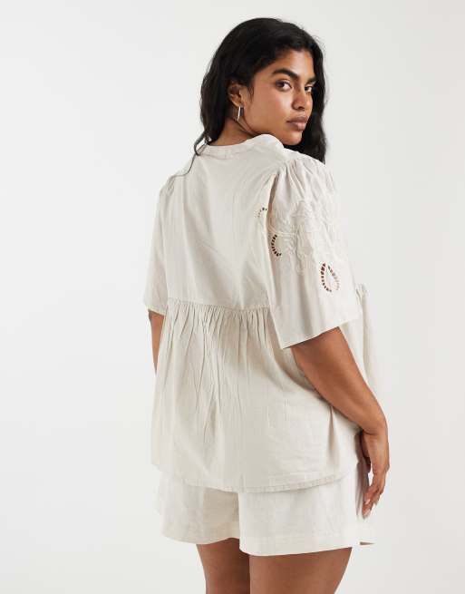 ONLY Curve embroidered v-neck blouse in stone, 4 of 4