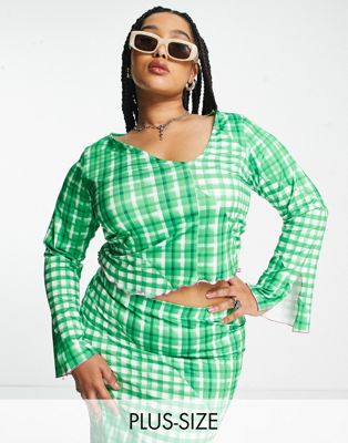 Only Curve exclusive asymmetric cropped top co-ord with flared sleeves in green gingham - ASOS Price Checker