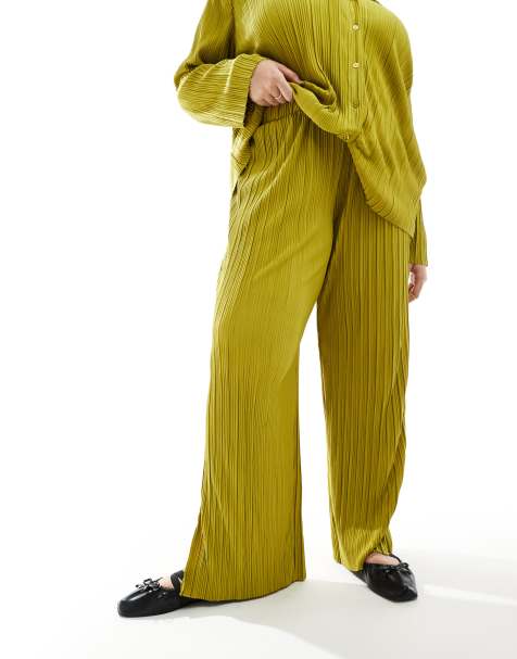 ONLY Curve exclusive plisse trouser co-ord in green - view 1