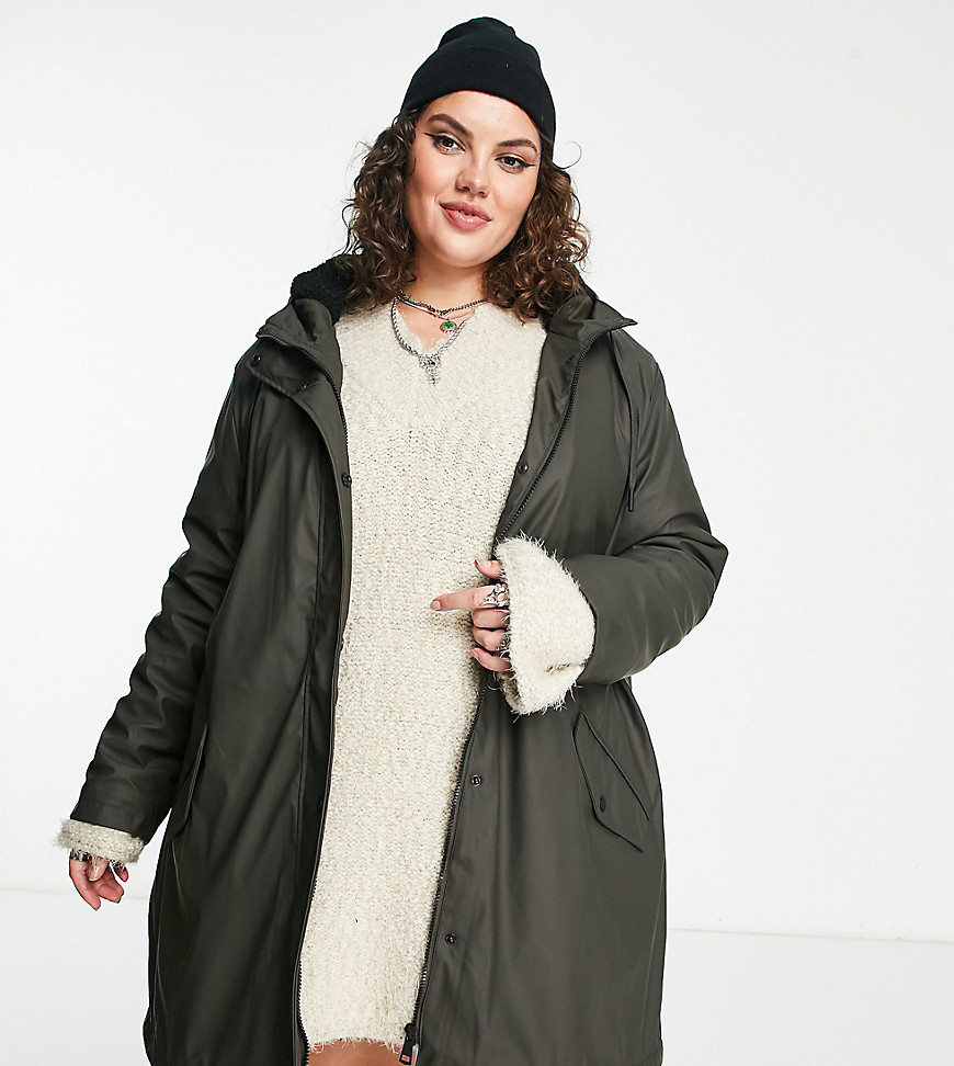Only Curve faux fur lined hooded rain coat in black