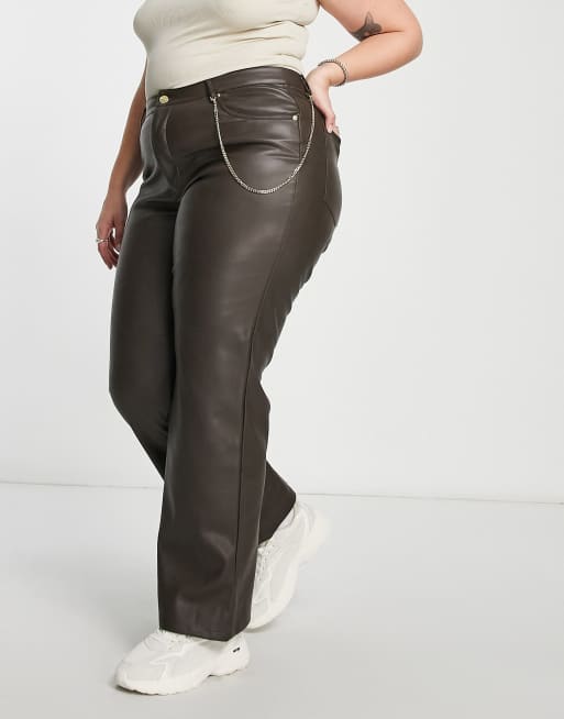 Only Curve faux leather chain detail wide leg pants in chocolate brown