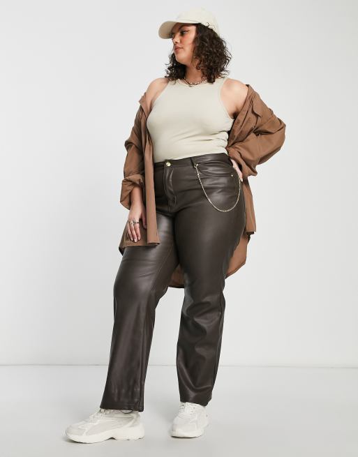 Only Curve faux leather chain detail wide leg trousers in chocolate brown