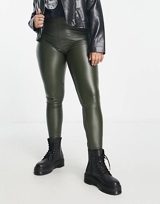 Only Curve faux leather leggings in dark green