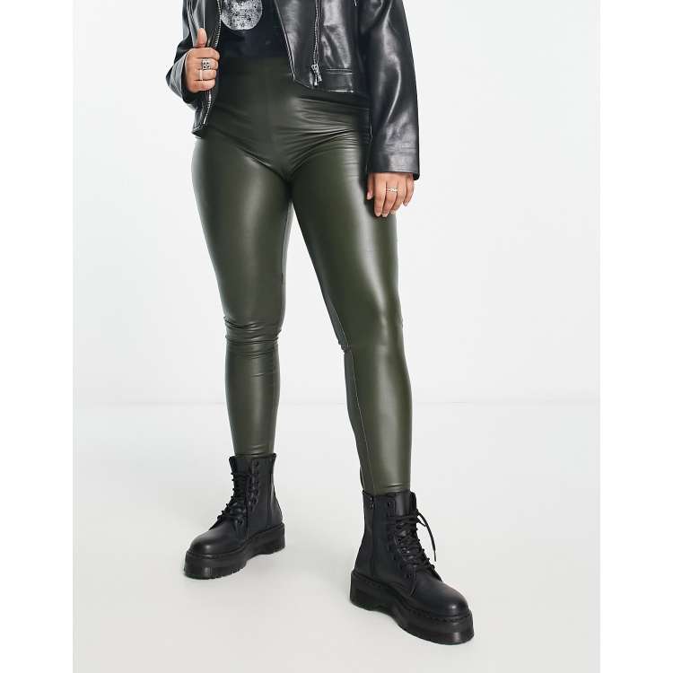 Only Curve faux leather leggings in dark green