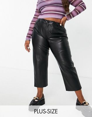 Only Curve faux leather straight leg trousers in black