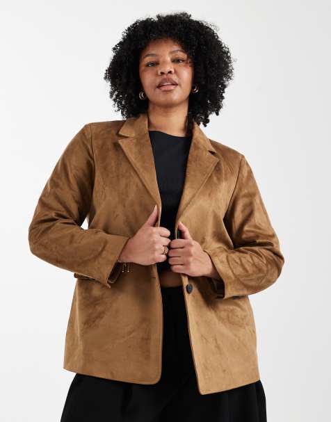 ONLY Curve faux suede blazer in light brown