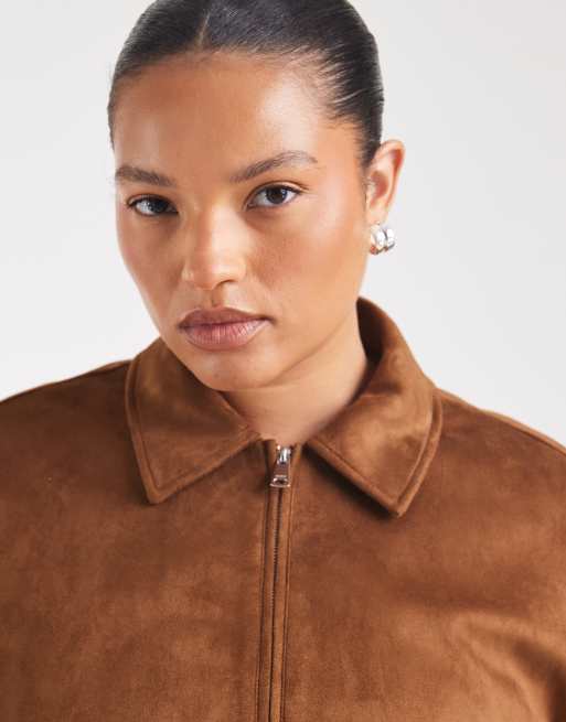 ONLY Curve faux suede bomber jacket in warm brown, 3 of 4