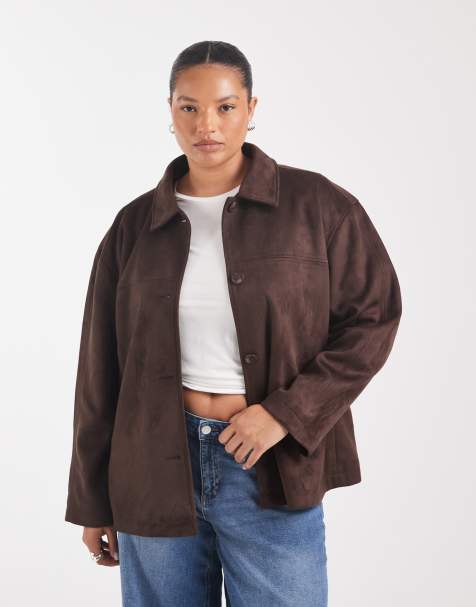 ONLY Curve faux suede jacket in dark brown - view 1