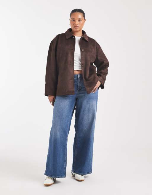 ONLY Curve faux suede jacket in dark brown, 2 of 4