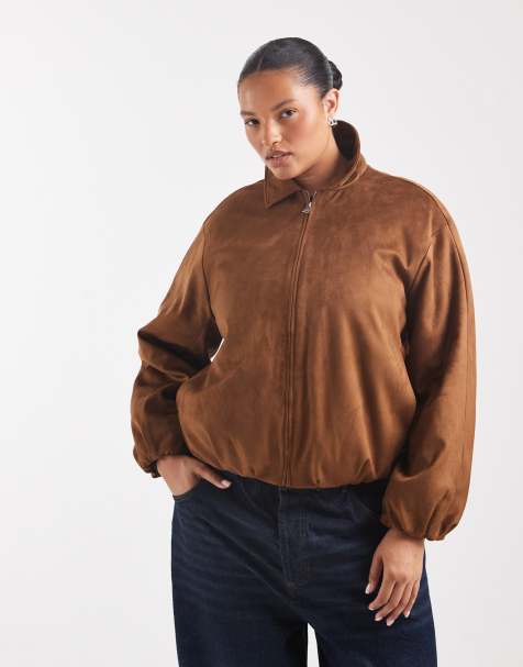 ONLY Curve faux suede padded bomber jacket in chocolate - view 1