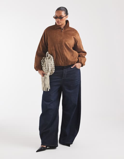 ONLY Curve faux suede padded bomber jacket in chocolate, 2 of 4