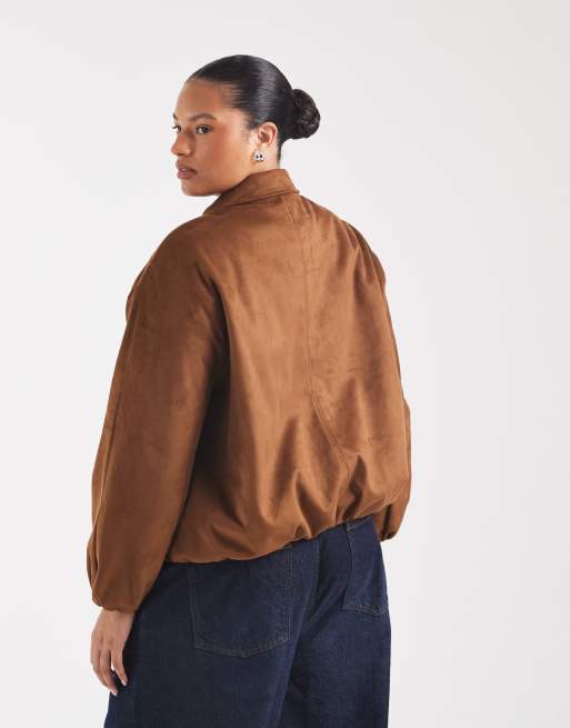 ONLY Curve faux suede padded bomber jacket in chocolate, 4 of 4