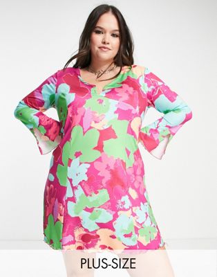 Only Curve flared sleeve mini dress in pink floral - ASOS Price Checker