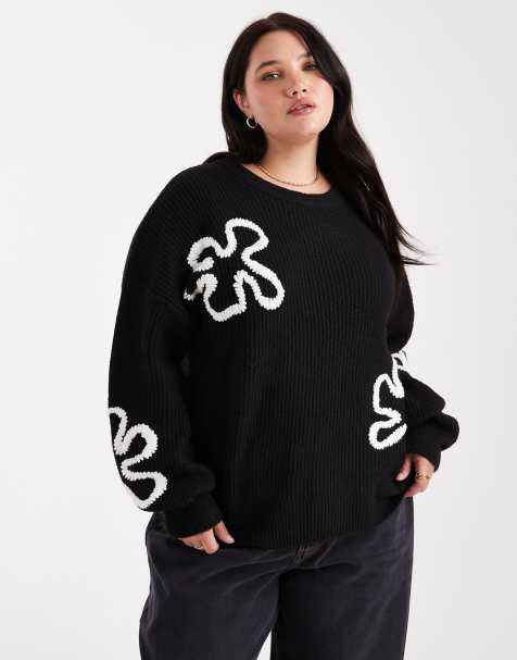 ONLY Curve floral stich details jumper in black - view 1
