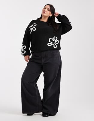 Only Curve Floral Stich Details Sweater In Black